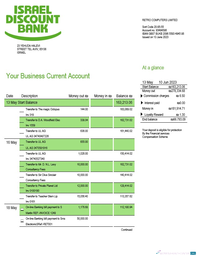 Download Israel Discount Bank firm statement Word and PDF template Photoshop template